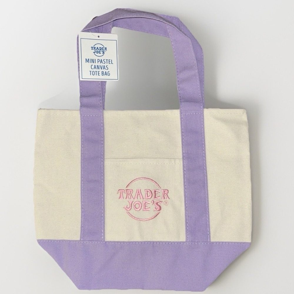 NWT Trader Joe’s Mini Canvas Tote Light Purple/Lavender - Pink embroidered logo